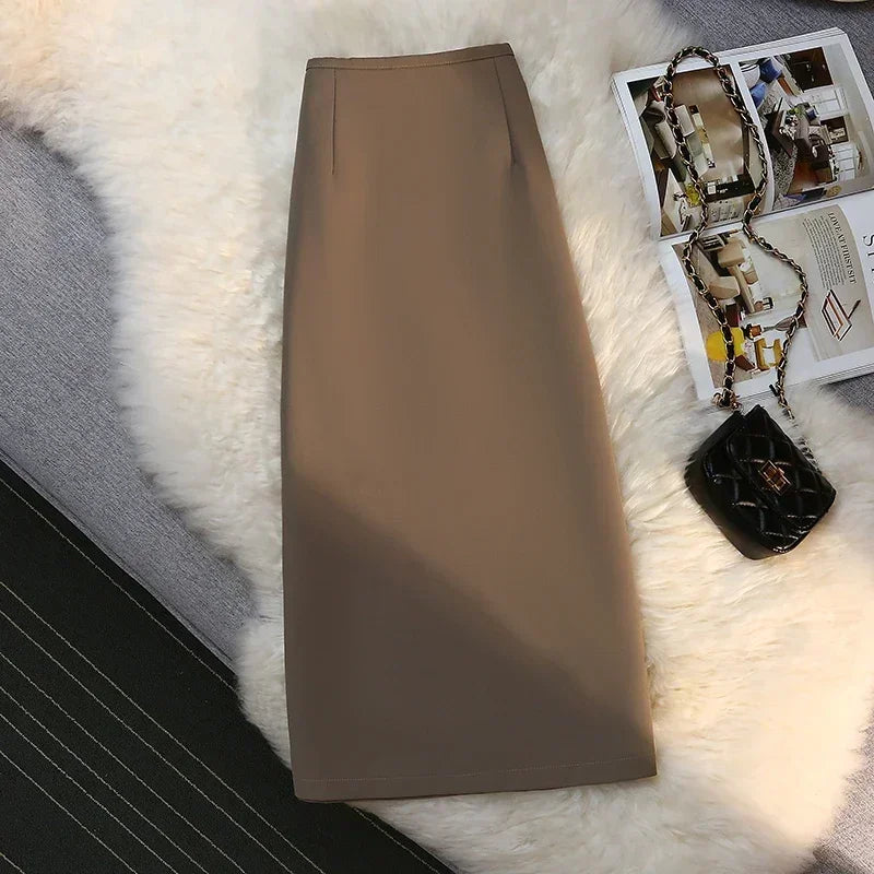 Fashion Mid~Calf  Elegant Formal Skirt’s/New Stretch High Waist Drape Suit Long Brown Skirt Zipper.