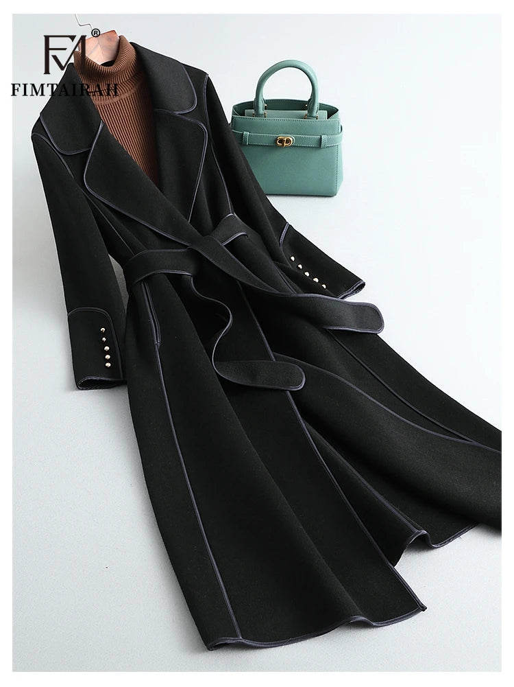 Women’s 100% Merino Wool Long Wrap Coat – Luxury Double-Breasted Style, Wide Lapel Collar, Belted Waist, Elegant Winter Outerwear