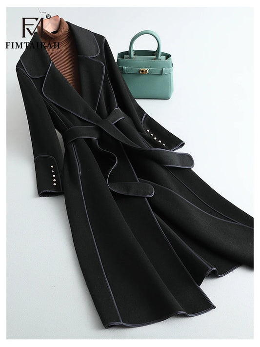 Women’s 100% Merino Wool Long Wrap Coat – Luxury Double-Breasted Style, Wide Lapel Collar, Belted Waist, Elegant Winter Outerwear