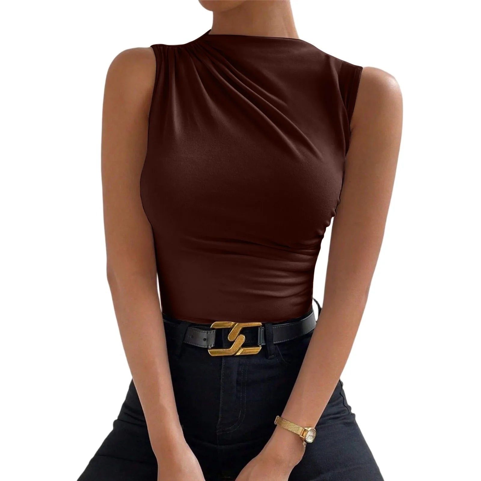Solid Color Commuted Sleeveless Tight Top’s/Women Fashion Casual Mock  High Neck Ruched Top’s.