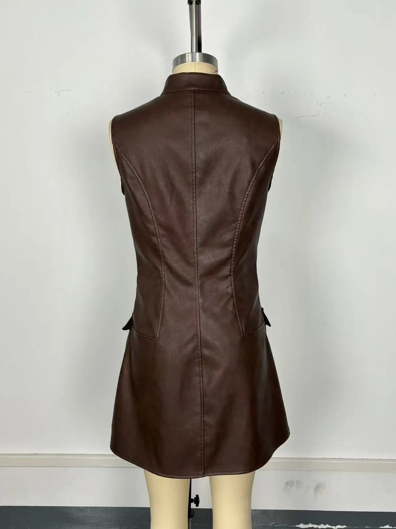 Luxury Brown Faux Leather Sleeveless Mini Dress with Front Zipper & Pocket Detail