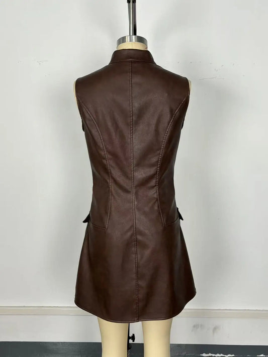 Luxury Brown Faux Leather Sleeveless Mini Dress with Front Zipper & Pocket Detail