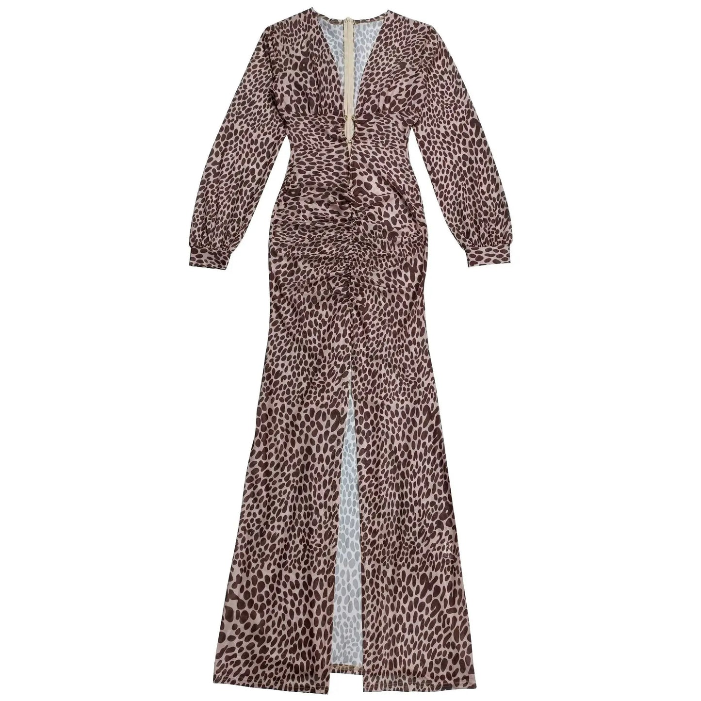 Luxury Leopard Print Cut-Out Maxi Dress – Deep V Long Sleeve Bodycon Gown