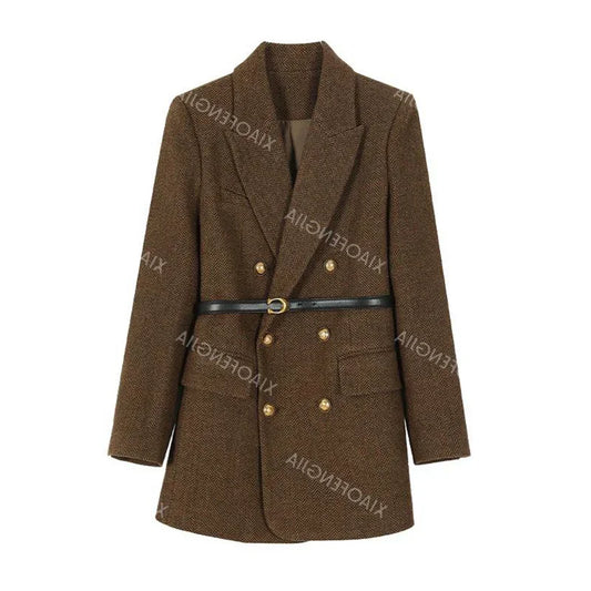 Women’s Gray Herringbone Belted Blazer Coat – Double-Breasted Tailored Boutique Outerwear