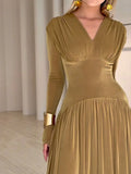 Luxurious Velvet Hight Waist Dress/ Slim Fit A-Line Dress/Fashion Draped Solid Long Party Dress Sexy Deep V-neck Long Sleeve Maxi Dress/Synthetic Fiber.