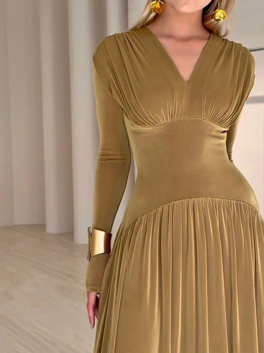 Luxurious Velvet Hight Waist Slim Fit A-Line Dress/Fashion Draped Solid Long Party Dress Sexy Deep V-neck Long Sleeve Maxi Dress/Synthetic Fiber.