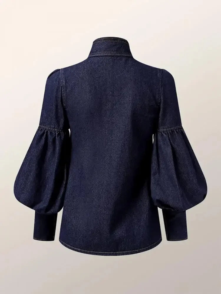 Fashion Bow Design High Neck Blouse/ New Autumn Puff Sleeves Limitation Denim Casual Office Shirts Tops.