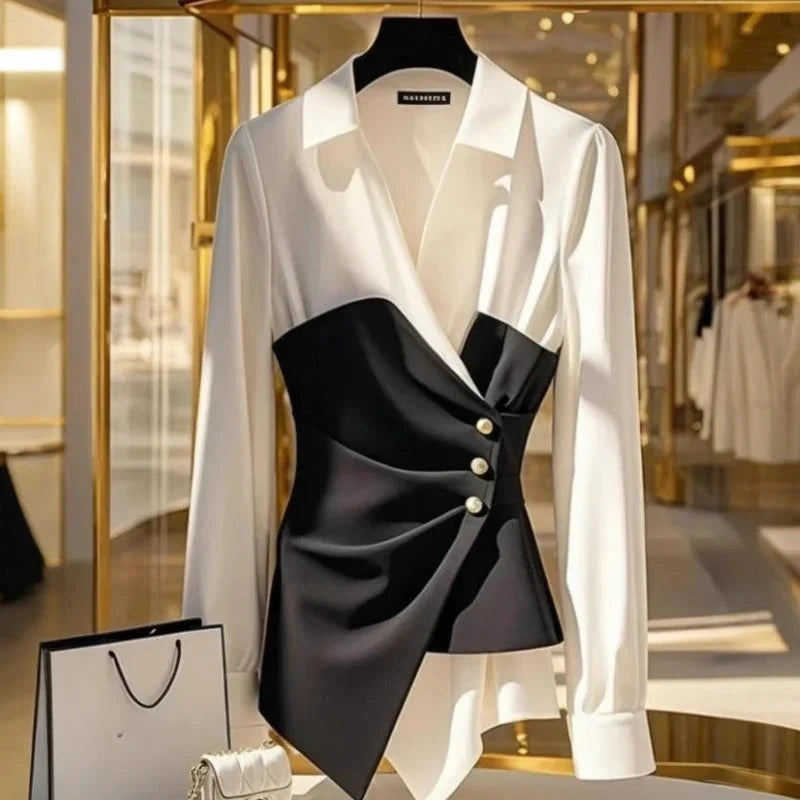 Black & White Color Block Wrap Blouse for Women | Luxury Asymmetrical Button Top