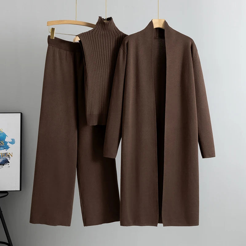 Women’s 3-Piece Knit Cardigan Set | Long Open-Front Coat, Sleeveless Turtleneck Top & Wide-Leg Pants | Fall Winter Lounge & Office Outfit