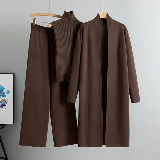 Women’s 3-Piece Knit Cardigan Set | Long Open-Front Coat, Sleeveless Turtleneck Top & Wide-Leg Pants | Fall Winter Lounge & Office Outfit
