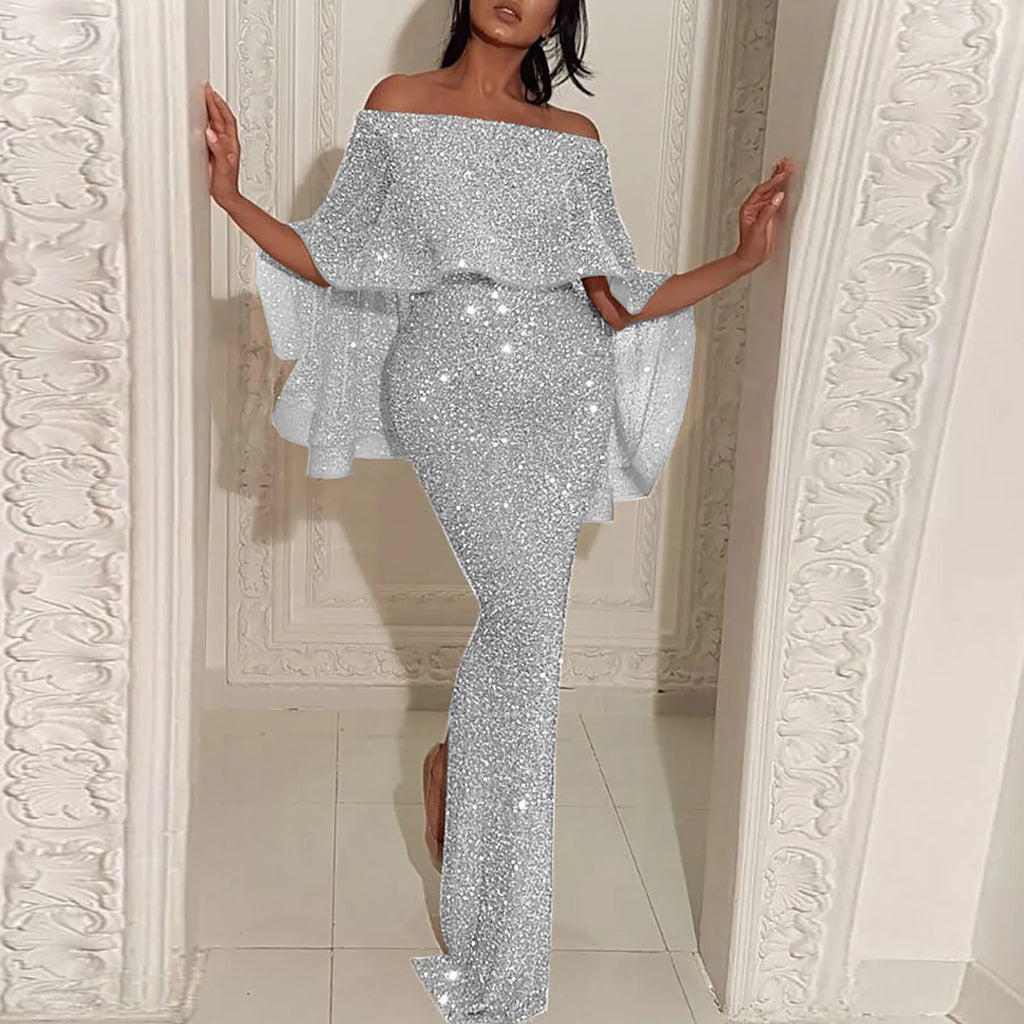 Off-Shoulder Silver Sequin Dress/Sparkling Maxi Dress/Devine Pull Over Loose Fitted/Excellent For Occasion’s.