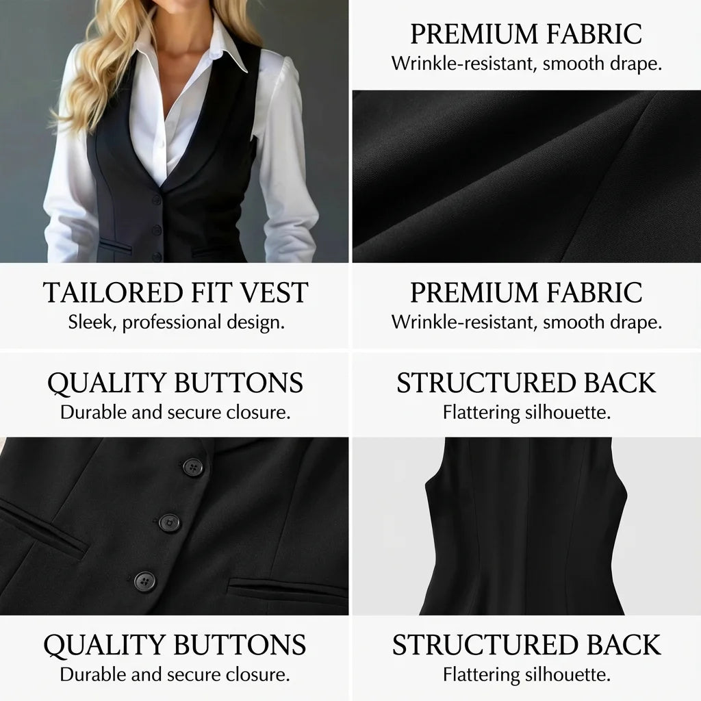 Women’s Classic Tailored Suit Vest – Black Single-Breasted Sleeveless Waistcoat | Elegant Office & Chic Layering Top