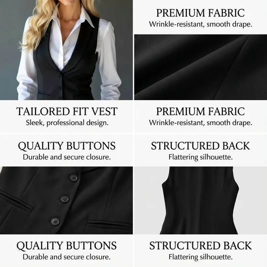 Women’s Classic Tailored Suit Vest – Black Single-Breasted Sleeveless Waistcoat | Elegant Office & Chic Layering Top