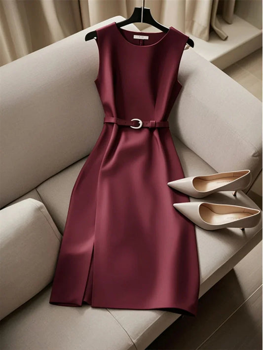New French Luxury Summer Dress Women Elegant Sleeveless High Waist Satin Formal Dress Fashion Party Vestidos with Belt High End