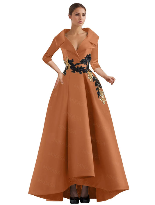 Elegant A Line Vintage Gown/Modern Three Quarter Sleeves V~Neck Dress/Party Gowns With Appliqué’s/Pockets Irregular Ruffles.