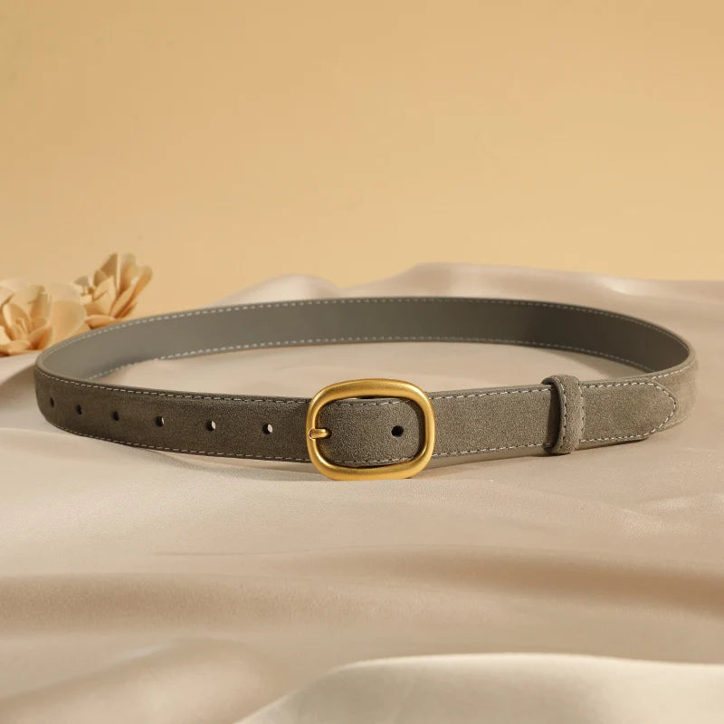 Suede Leather Skinny Fitted Belt/ Slim Waistband/Gold Buckle black Gray Casual Accessory for Jeans Pants & Dresses.
