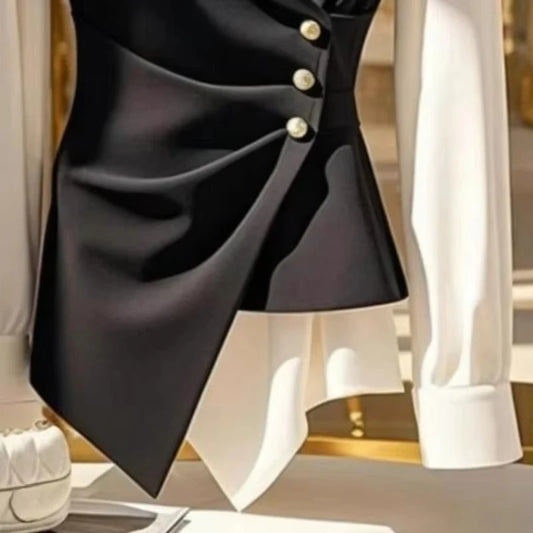 Black & White Color Block Wrap Blouse for Women | Luxury Asymmetrical Button Top