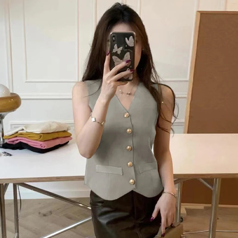 Chic Vests Elegant Waistcoat/V-neck Top’s/Casual/Outwear Sleeveless Slim/Knitted Vest All-match Streetwear.