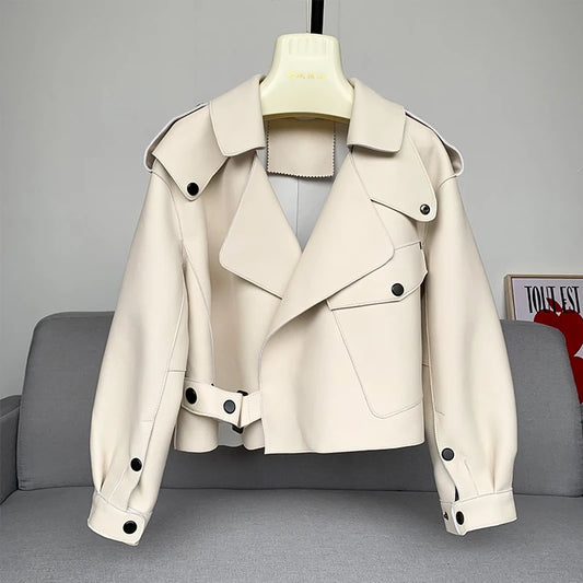 Luxury Oversized Sheepskin Moto Jacket – Cropped Structured Biker Coat for Women (Red, Black, Ivory, Emerald Green, Blush Pink, Camel)