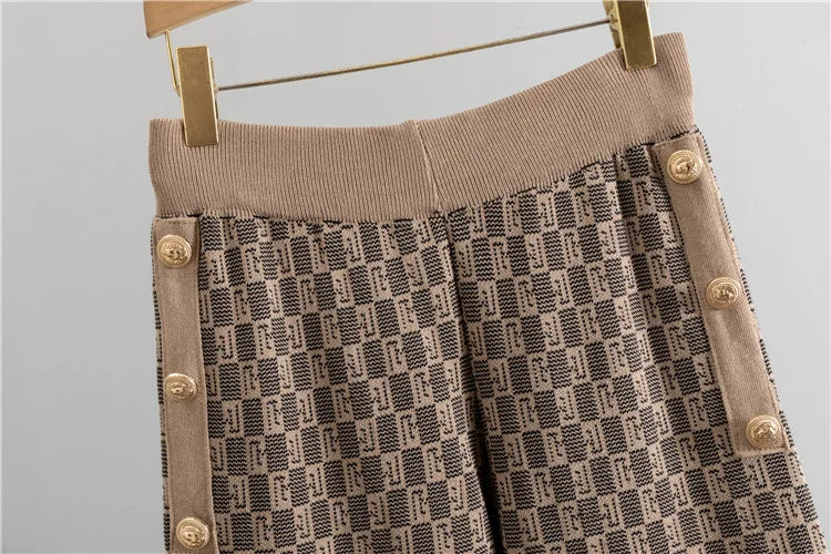 Women’s Elegant Knit Cardigan, Sleeveless Vest & Wide-Leg Trousers Set | Classic Geometric Pattern | Sophisticated Office & Casual Wear