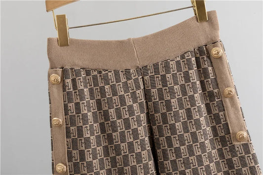 Women’s Elegant Knit Cardigan, Sleeveless Vest & Wide-Leg Trousers Set | Classic Geometric Pattern | Sophisticated Office & Casual Wear