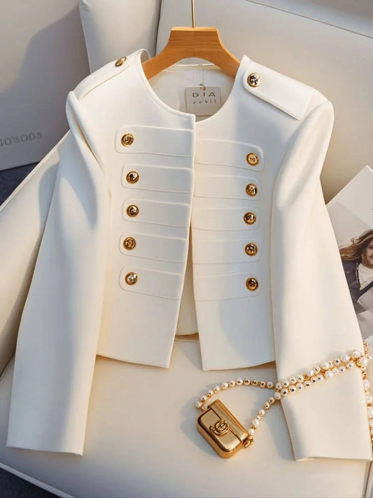 Timeless Elegance Double-Breasted Cropped Jacket with Gold Buttons