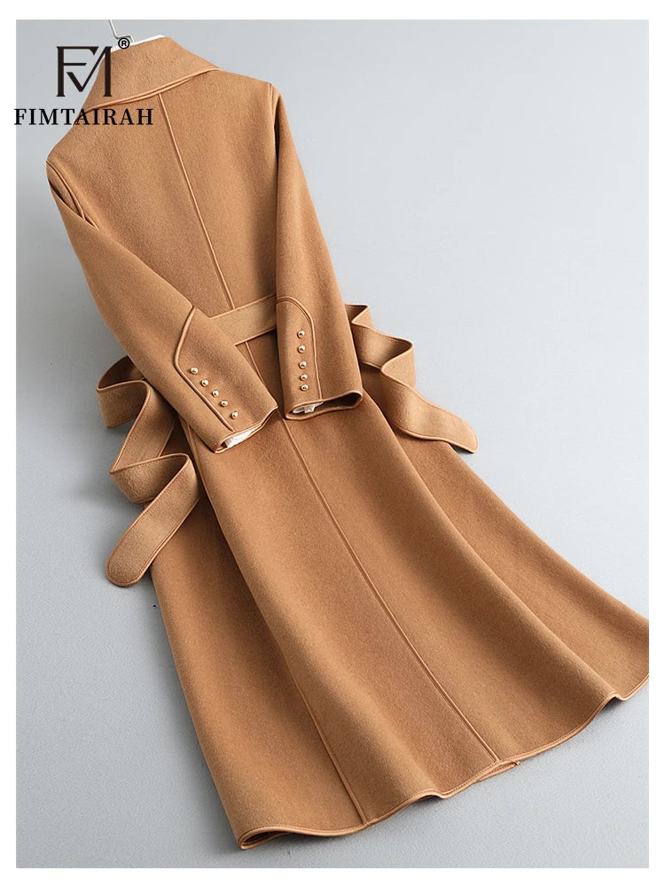 Women’s 100% Merino Wool Long Wrap Coat – Luxury Double-Breasted Style, Wide Lapel Collar, Belted Waist, Elegant Winter Outerwear