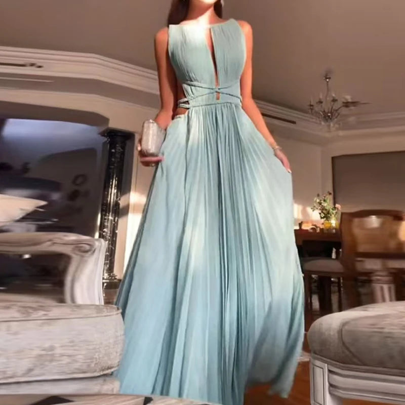 Elegant Pleated Maxi Dress – Available in Black, Peach, and Light Blue