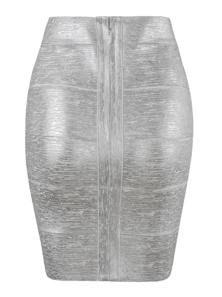 Gold Metallic High-Waist Bodycon Midi Skirt for Women – Stretch Fitted Pencil Skirt