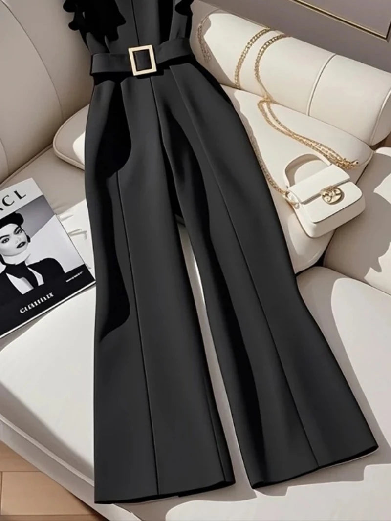 Ruffled Classy Black Jumpsuit/Unique Aura Exquisite Elegant, Slimming Look One-Piece Jumpsuit.