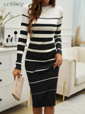 Long Striped  Knitted Casual Dress/Body~Con Crew Neck/Long Sleeve Knitted Pullover.