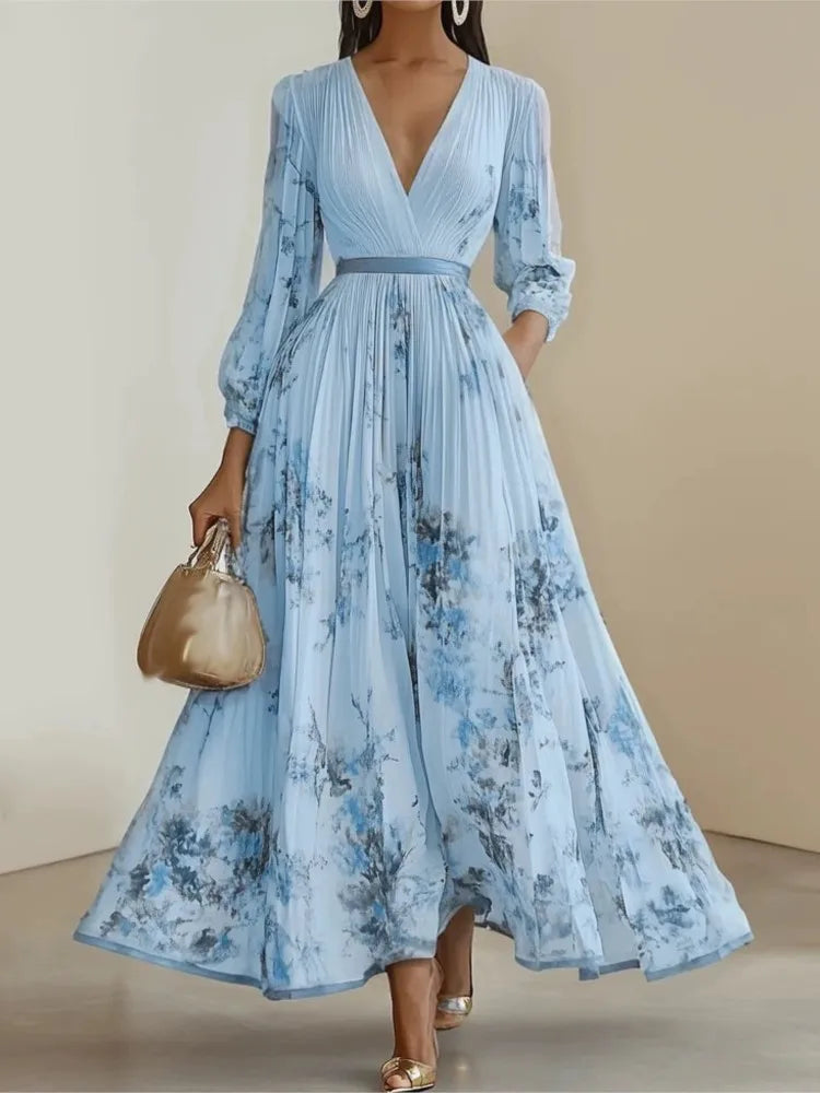 Stunning V-Neck Printed Dress/Long Sleeve V Neck/High Waist Lace-up Loose Dresses/Robe Femme Holiday.