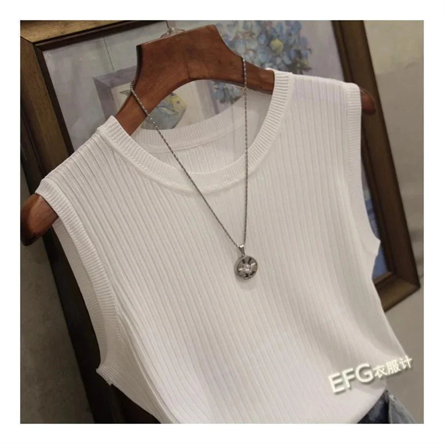 Solid Knitted Sleeveless Shirt/O-neck Blouse Shirt/Low Rise Tops.
