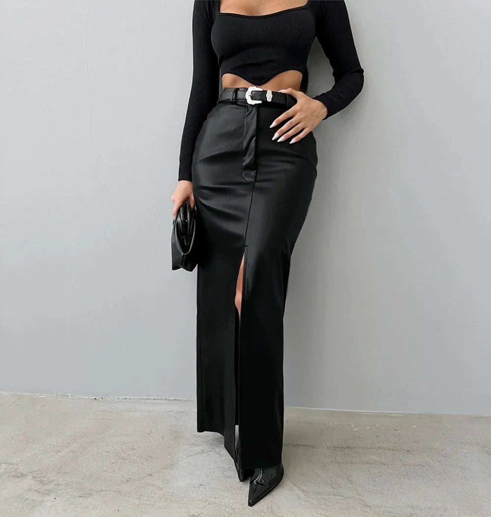 Luxury High-Waist Faux Leather Midi Skirt with Front Slit – Elegant Tailored Fit