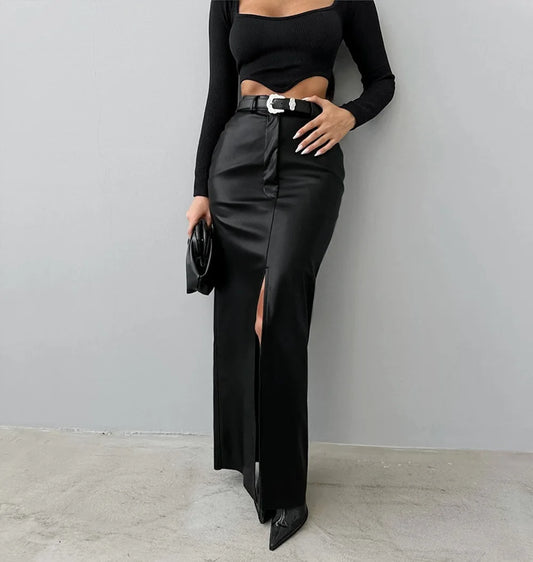 Luxury High-Waist Faux Leather Midi Skirt with Front Slit – Elegant Tailored Fit
