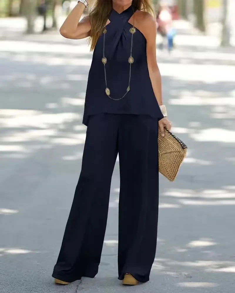 Effortlessly Halter Neck Solid Color Sleeveless Suit Wide Leg Pants Trousers Two-piece Suit.