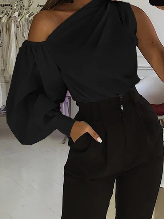 Women's Solid Color Oblique/Shoulder fit long Sleeve. For casual use/Off Shoulder design. Female Fashion Lantern Long Sleeve Shirts.