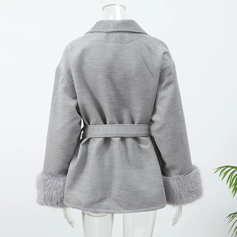 Elegant Lace-Up Woolen Short Coat for Women – Solid Loose Lapel Jacket with Furry Belt, Long Sleeve Chic Cardigan (Autumn Winter 2025)