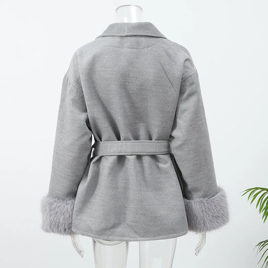Elegant Lace-Up Woolen Short Coat for Women – Solid Loose Lapel Jacket with Furry Belt, Long Sleeve Chic Cardigan (Autumn Winter 2025)