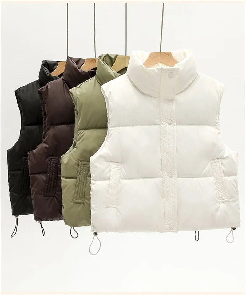 New Autumn Casual Loose Down Cotton Vests Women Stand Collar Short Sleeveless Coats Solid Zipper Waistcoat Winter Warm Vest
