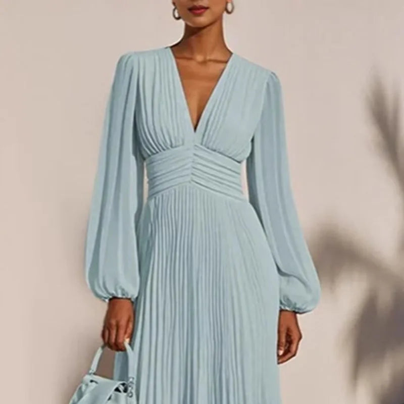 Mid~Calf Pullover Maxi Dress/V Neck High Waist/Pleated Long Dress.