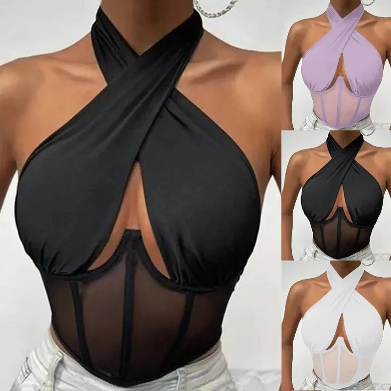 Elegant Halter Neck Mesh Corset Top for Women | Sheer Panel Wrap Neck Crop Top | Clubwear & Night Out Fashion