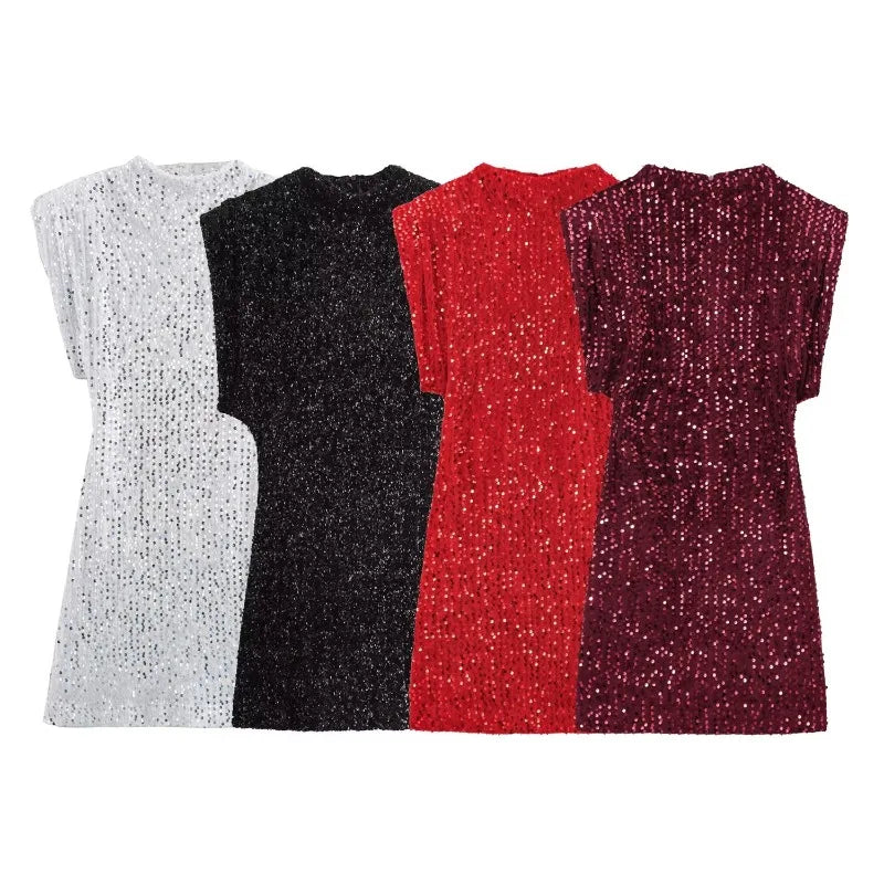 Night Out Sequined Party Dress/Sleeveless Pad Bead Mini Dress/Wide Shoulder Pullover Dress.