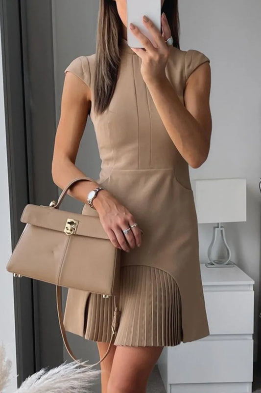 Military Pleated Cap Sleeve Dress/High Neck Patchwork Pleated Hem Mini Dress/A-Line Sleeveless Tassel Dress.