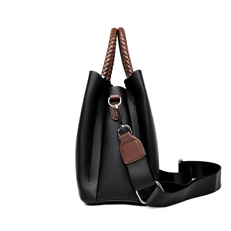 Elegant Genuine Leather Tote Handbag – Luxury Pattern Shoulder Bag with Braided Handle & Adjustable Strap