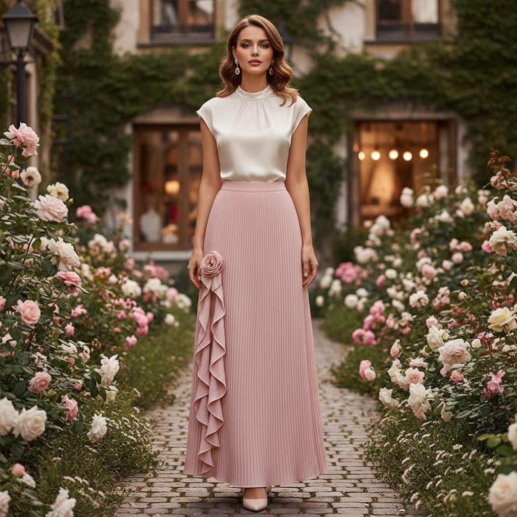 Ivory Pleated Midi Skirt with Ruffle & Floral Detail | Elegant Romantic A-Line Skirt