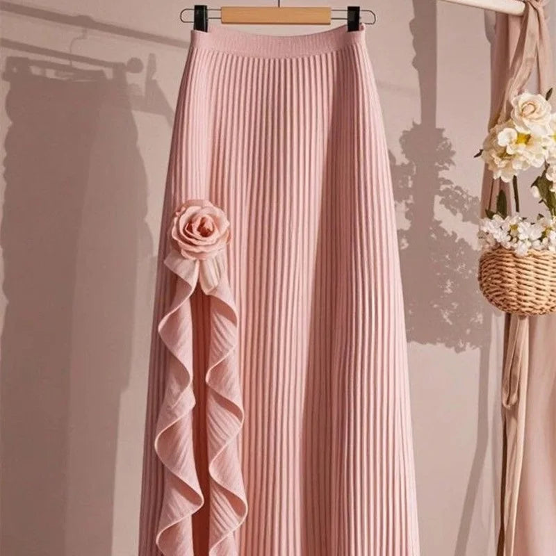 Solid Autumn Winter Skirt/Women/Elastic High Waist A-line Pleated Skirt Midi Skirt Female Elegant Skirts/Med Stretched.