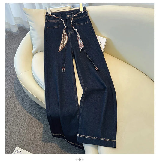 Luxury High-Waist Wide-Leg Denim Jeans with Boho Scarf Tie & Beaded Drawstring | Modern Blend Boutique