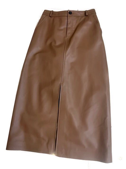 Genuine Sheepskin Leather Front-Slit Midi Skirt