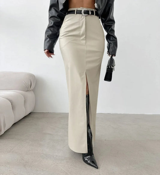 Luxury High-Waist Faux Leather Midi Skirt with Front Slit – Elegant Tailored Fit